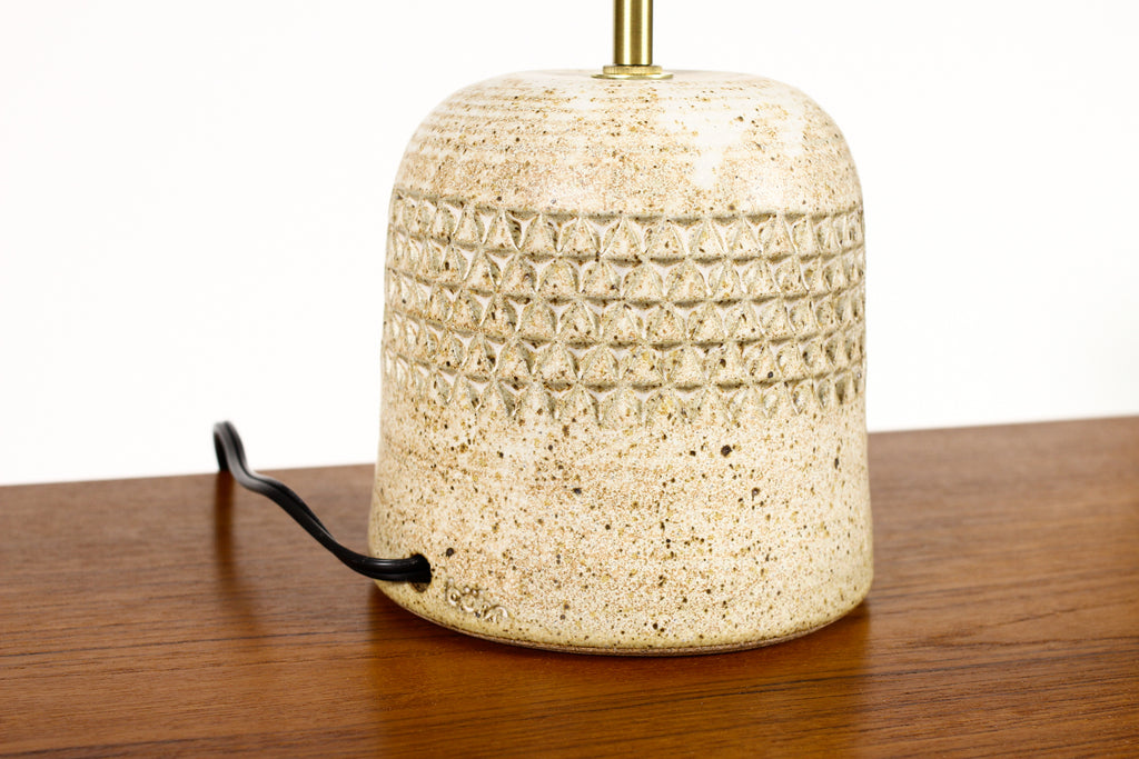 #2039 - Ceramic Stoneware Studio Pottery Table Lamp — Globe shade — Small Delta Pattern — White Glaze — L38