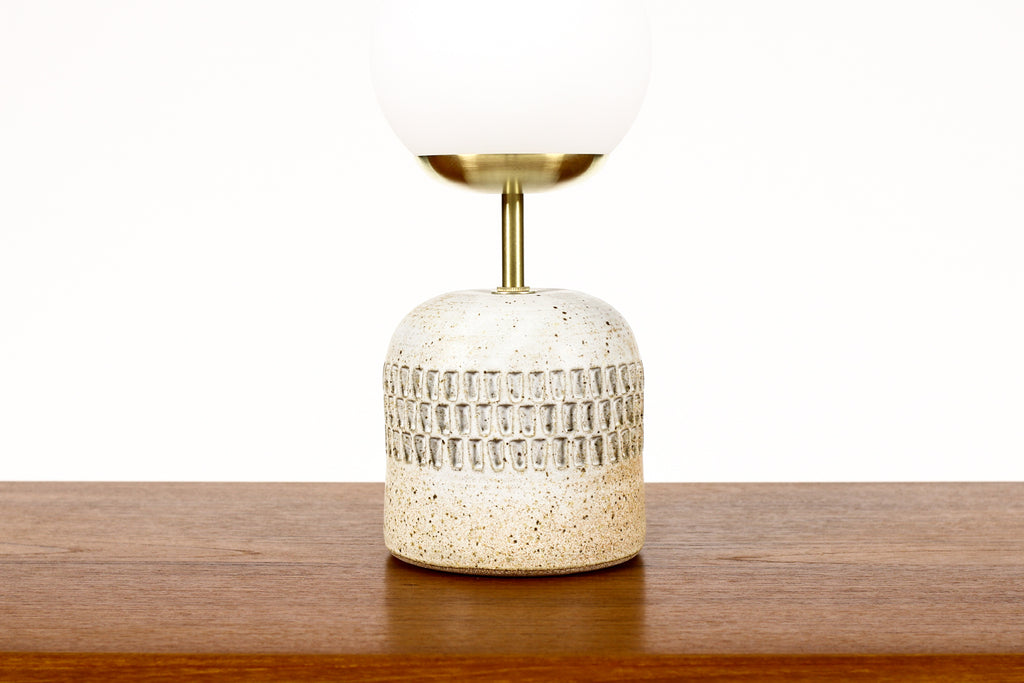 #2040 - Ceramic Stoneware Studio Pottery Table Lamp — Globe shade — Large Facet Pattern — White Glaze — L39