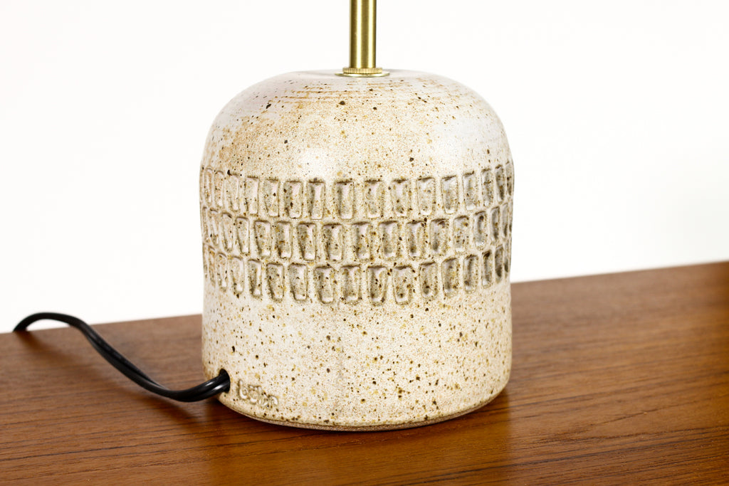 #2040 - Ceramic Stoneware Studio Pottery Table Lamp — Globe shade — Large Facet Pattern — White Glaze — L39