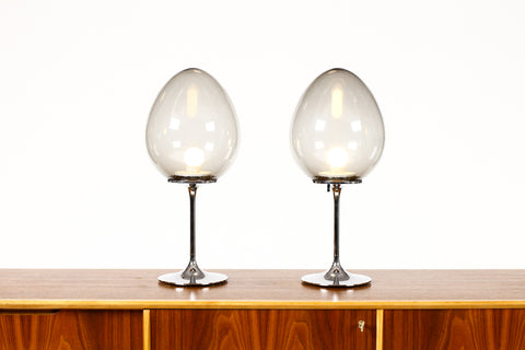#1935 — Mid Century Vintage Stemlite Table Lamps — Bill Curry for Design Line — Chrome + Smoked Glass — Pair
