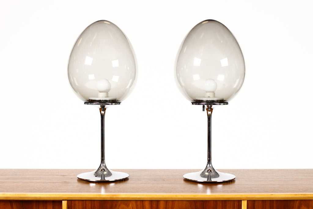 #1935 — Mid Century Vintage Stemlite Table Lamps — Bill Curry for Design Line — Chrome + Smoked Glass — Pair