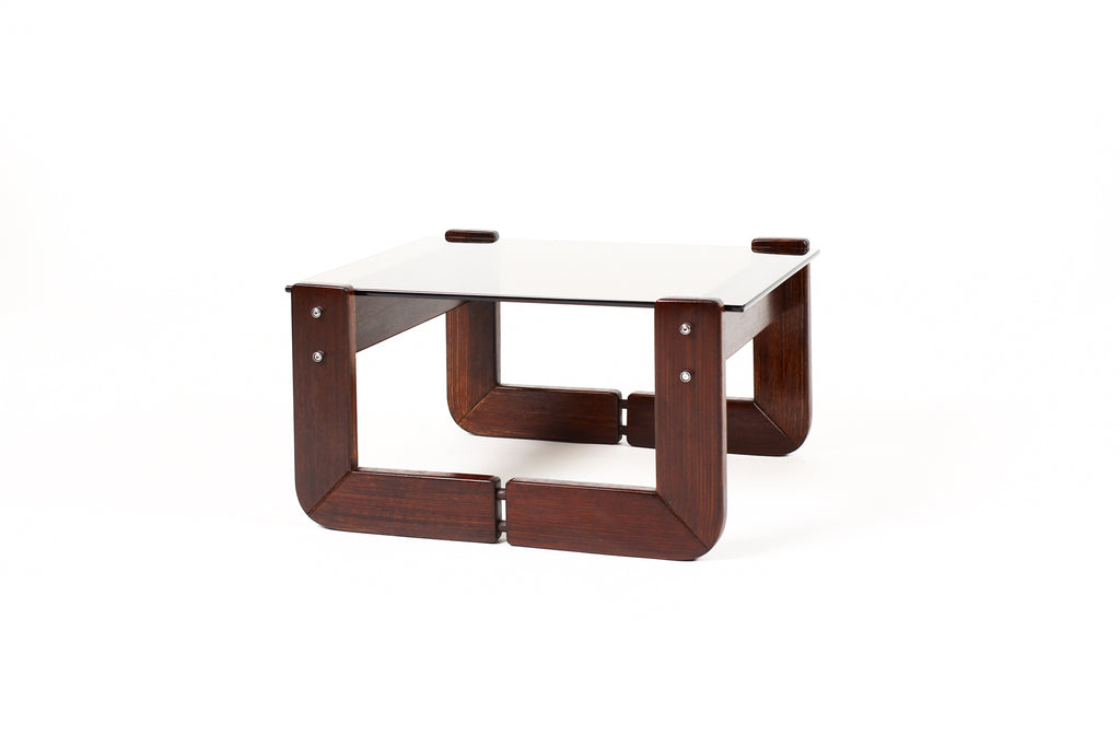 #2061 — Mid Century Brazilian Modernist Side Table — Percival Lafer MP-97 — Rosewood + Glass