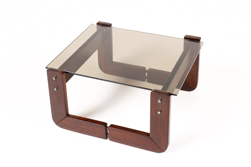 #2061 — Mid Century Brazilian Modernist Side Table — Percival Lafer MP-97 — Rosewood + Glass