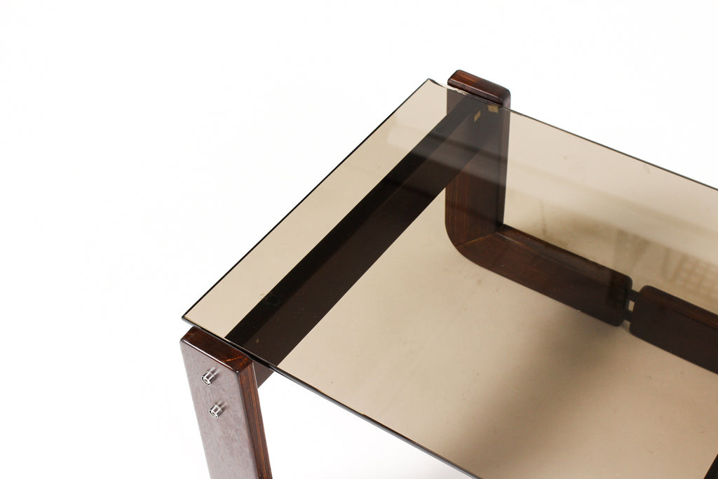 #2061 — Mid Century Brazilian Modernist Side Table — Percival Lafer MP-97 — Rosewood + Glass