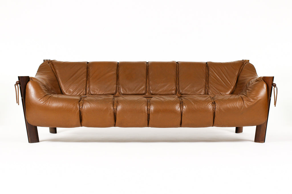 #2100 — Mid Century Brazilian Modernist Sofa — Percival Lafer MP-211 — Brown Leather + Rosewood