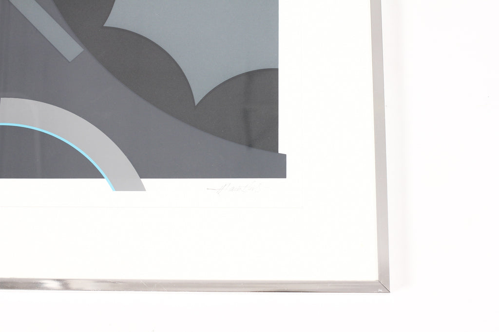 #1932 — Vintage Mid Century Abstract Geometric Serigraph Print — Grayscale with blue accent