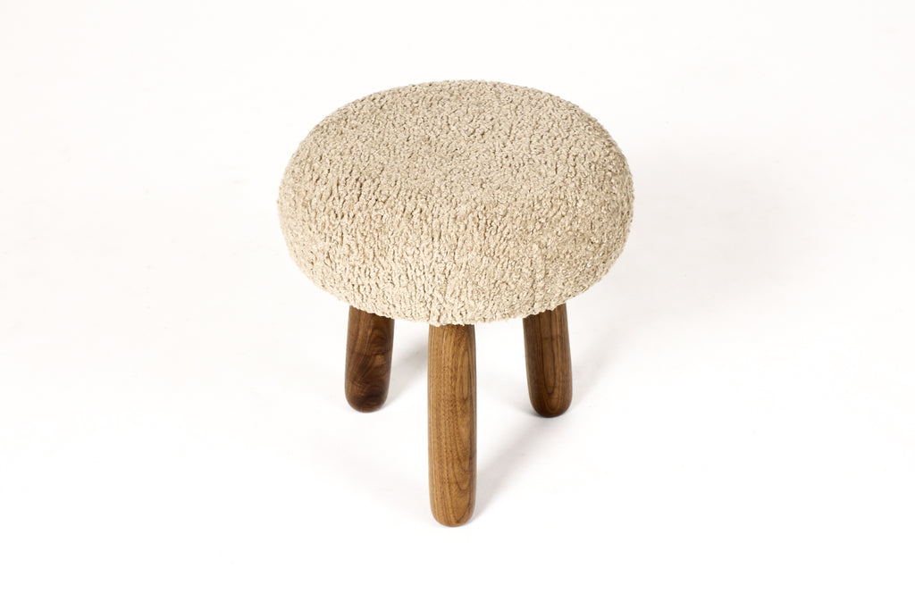 #1996 — Custom Awassi Tripod Ottoman / Footstool — Turned Walnut legs — Camel Tan Bouclé