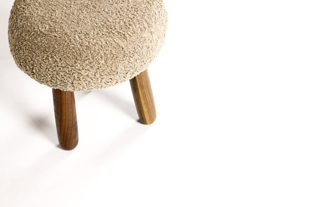 #1996 — Custom Awassi Tripod Ottoman / Footstool — Turned Walnut legs — Camel Tan Bouclé