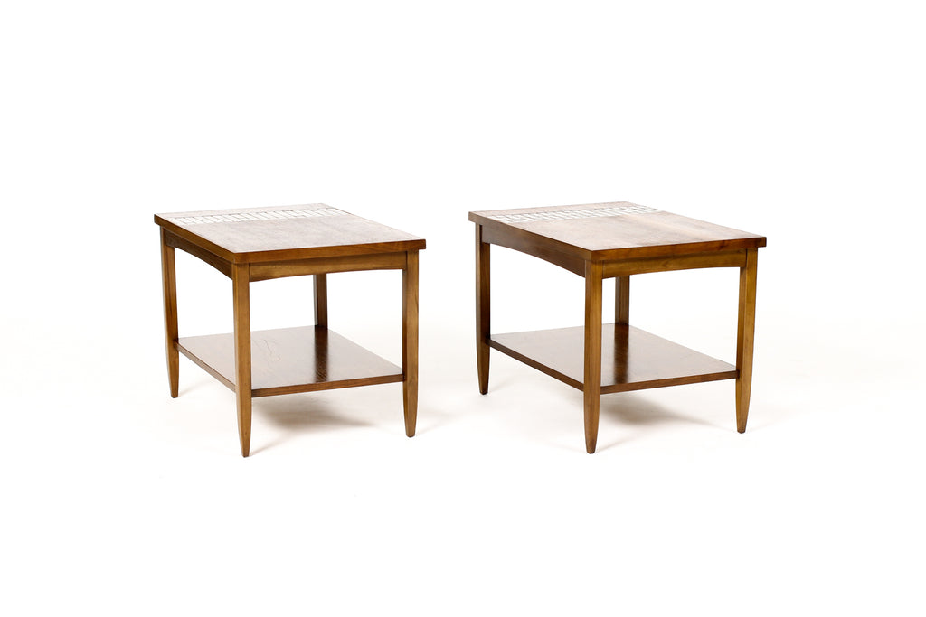 #1976 — Mid Century Vintage Lane Monte Carlo Walnut Rectangular End Tables — Tile top inlay — Pair