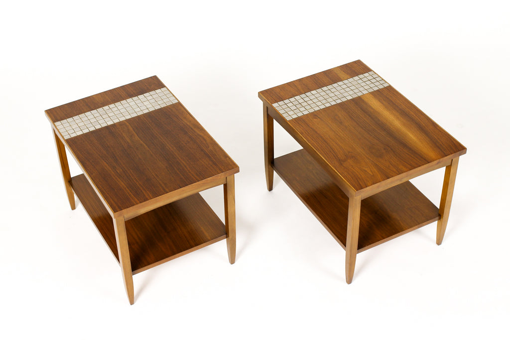 #1976 — Mid Century Vintage Lane Monte Carlo Walnut Rectangular End Tables — Tile top inlay — Pair