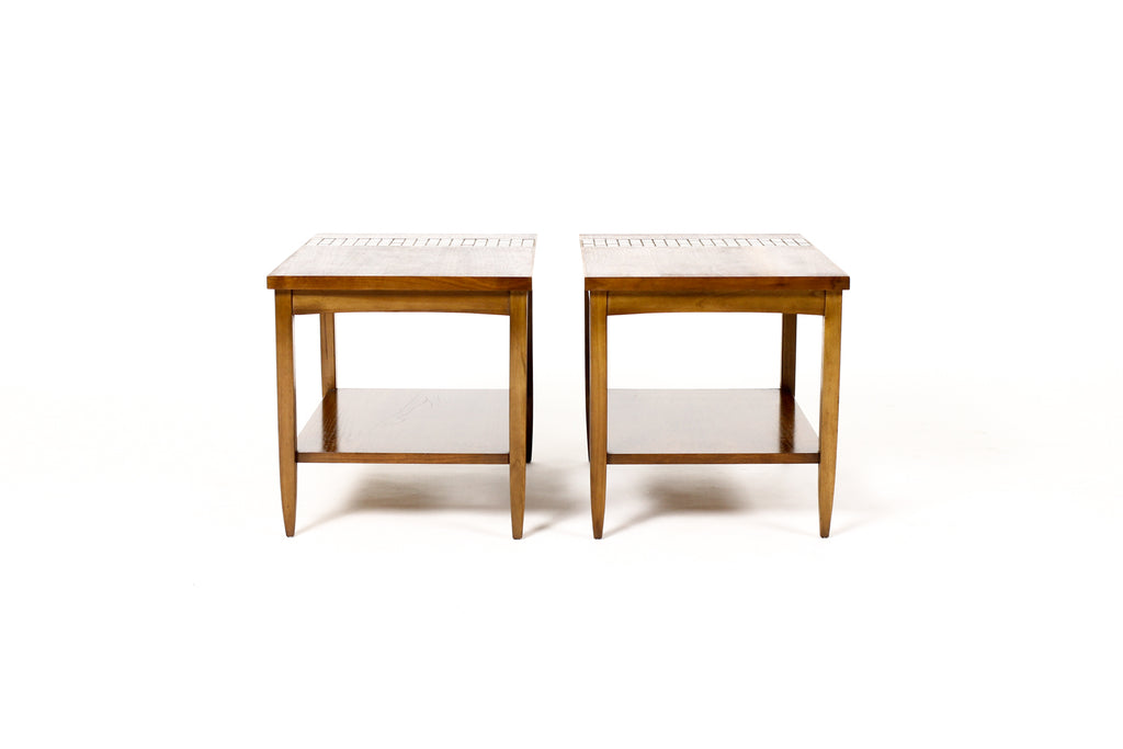 #1976 — Mid Century Vintage Lane Monte Carlo Walnut Rectangular End Tables — Tile top inlay — Pair