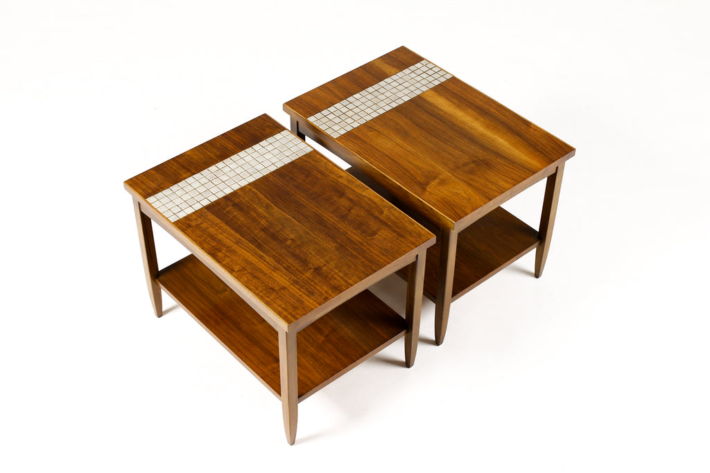 #1976 — Mid Century Vintage Lane Monte Carlo Walnut Rectangular End Tables — Tile top inlay — Pair
