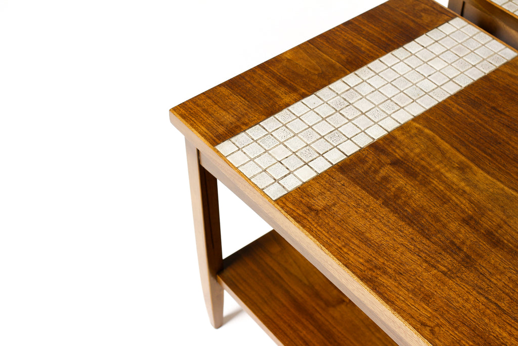 #1976 — Mid Century Vintage Lane Monte Carlo Walnut Rectangular End Tables — Tile top inlay — Pair