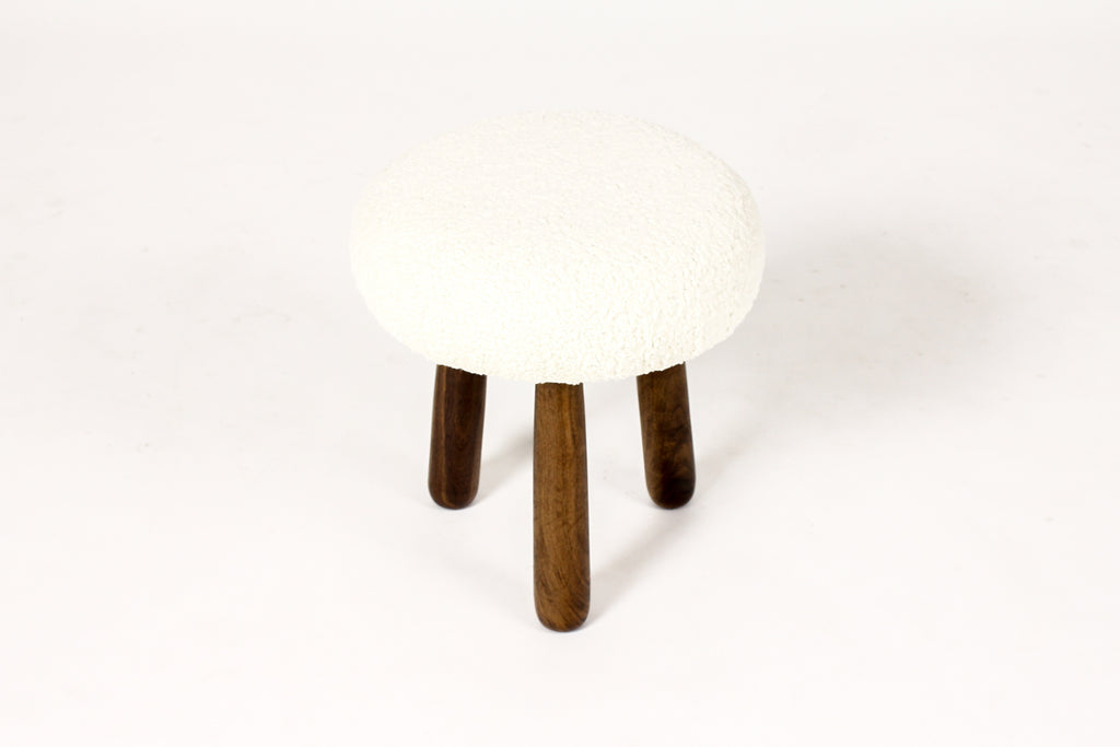 #1994 — Custom Awassi Tripod Ottoman / Footstool — Turned Walnut legs — Pearl Bouclé