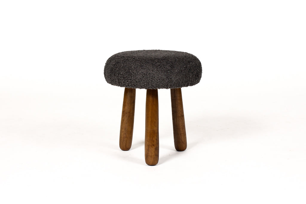 #1992 — Custom Awassi Tripod Ottoman / Footstool — Turned Walnut legs — Charcoal Gray Bouclé