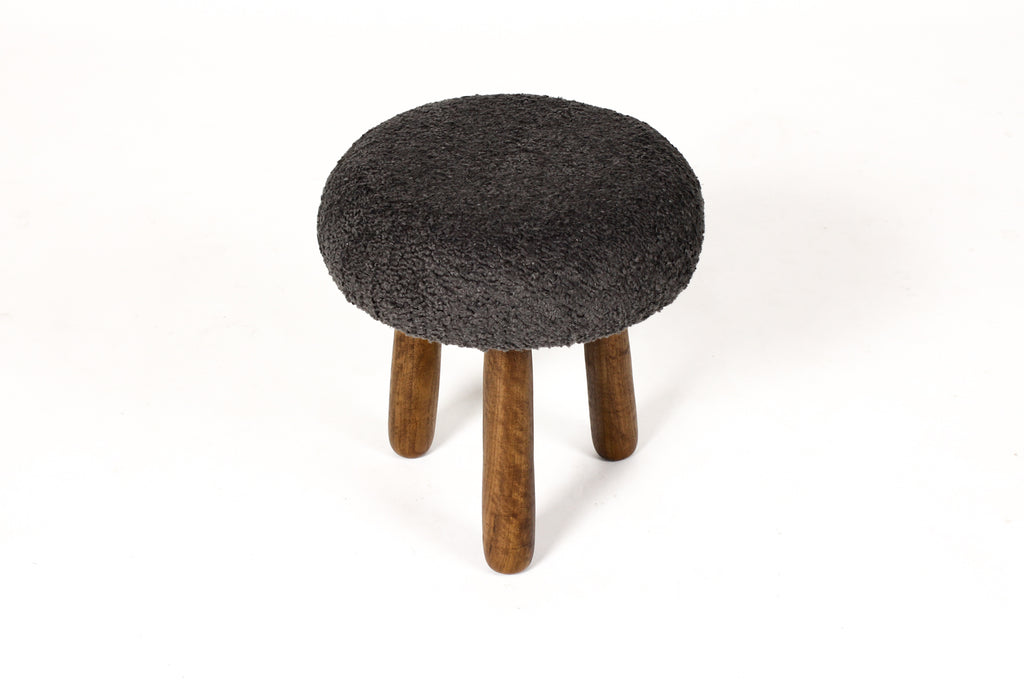 #1992 — Custom Awassi Tripod Ottoman / Footstool — Turned Walnut legs — Charcoal Gray Bouclé