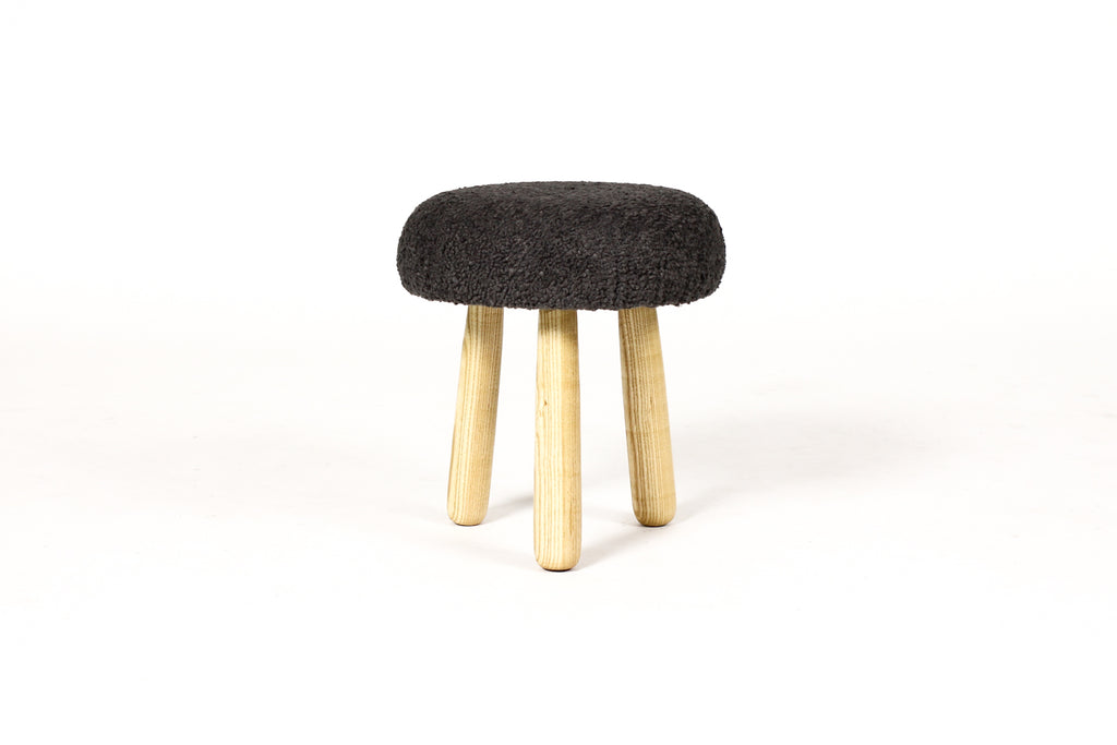 #1991 — Custom Awassi Tripod Ottoman / Footstool — Turned Ash legs — Charcoal Gray Bouclé