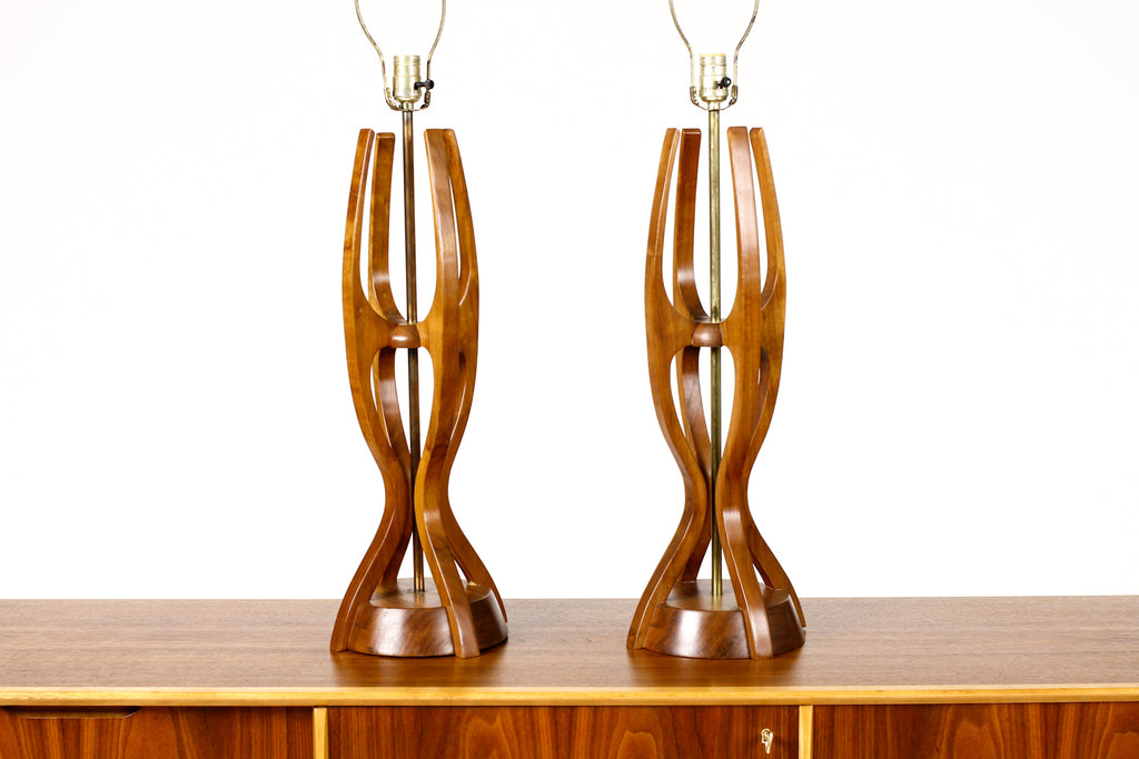 #1934 — Mid Century Vintage Modeline Table Lamps — Walnut + Brass — Sculptural Form — Pair