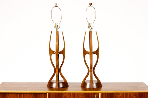 #1934 — Mid Century Vintage Modeline Table Lamps — Walnut + Brass — Sculptural Form — Pair