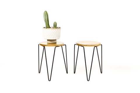 #1805 — Mid Century Vintage Florence Knoll Model #75 Stacking Stool / Side Table — White Oak + Iron — Pair