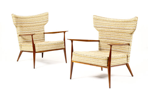 #1674 — Mid Century Wingback Lounge Chairs by Paul McCobb for Directional — Walnut frames — Reupholstery Included