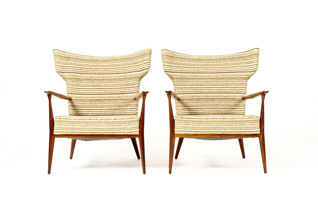 #1674 — Mid Century Wingback Lounge Chairs by Paul McCobb for Directional — Walnut frames — Reupholstery Included