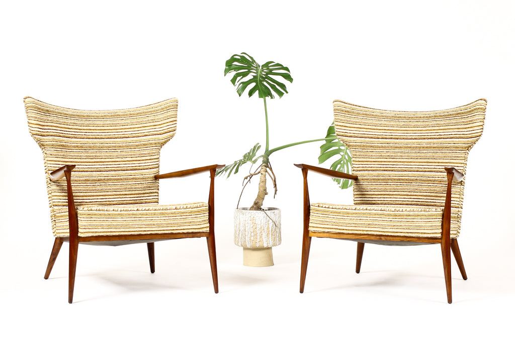 #1674 — Mid Century Wingback Lounge Chairs by Paul McCobb for Directional — Walnut frames — Reupholstery Included