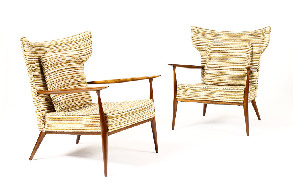 #1674 — Mid Century Wingback Lounge Chairs by Paul McCobb for Directional — Walnut frames — Reupholstery Included