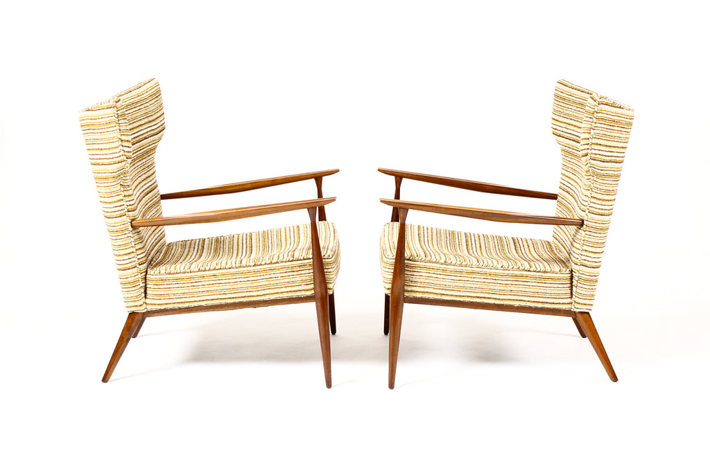 #1674 — Mid Century Wingback Lounge Chairs by Paul McCobb for Directional — Walnut frames — Reupholstery Included