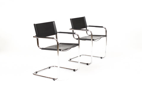 #2090 — Vintage Mid Century Tubular Chrome Bauhaus Mart Stam Cantilever Chair— Black Leather — Pair