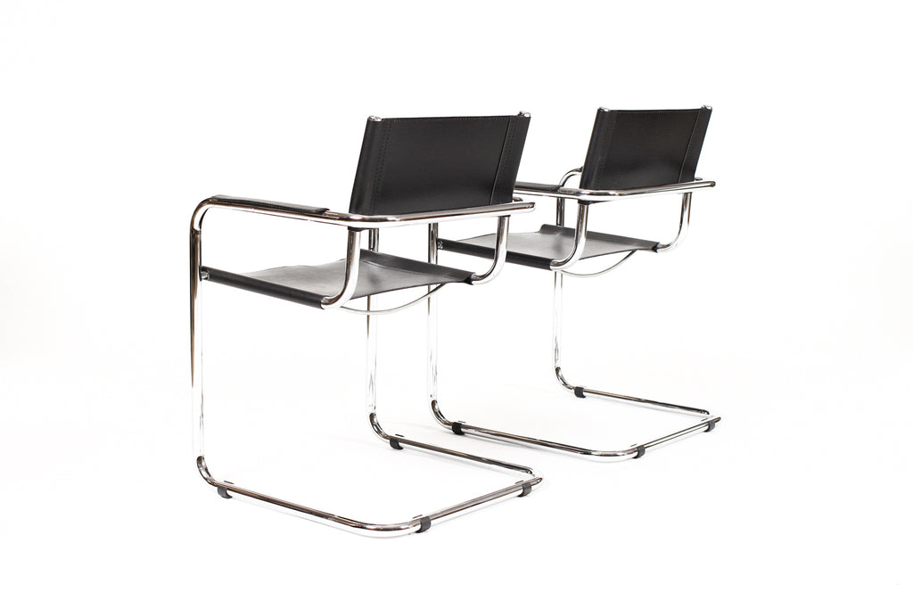 #2090 — Vintage Mid Century Tubular Chrome Bauhaus Mart Stam Cantilever Chair— Black Leather — Pair