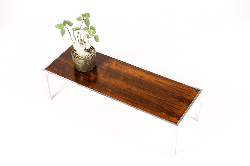 #2050 — Danish Modern / Mid Century Rectangular Coffee Table — Milo Baughman — Rosewood + Chrome