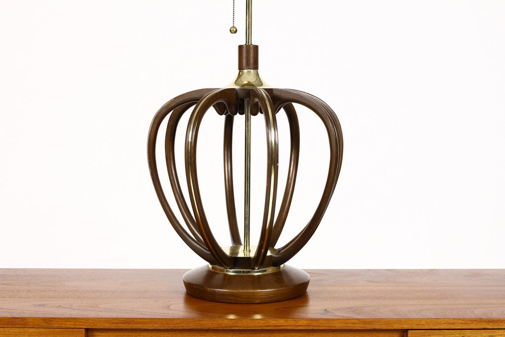 #761 — Vintage Mid Century Modeline Tall Table lamp - Bulbous Sculpted Walnut frame with Brass trim
