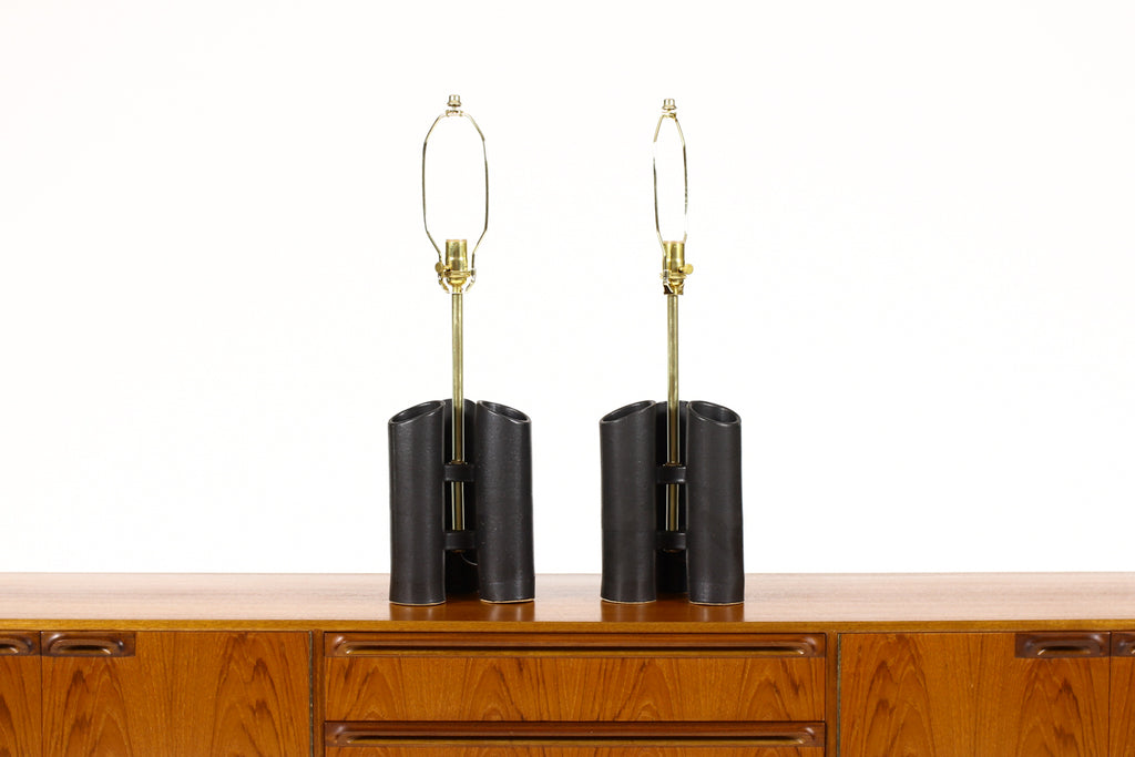 #1580 — Geometric Brutalist Stoneware Table Lamps — Matte Black Glaze — Pair