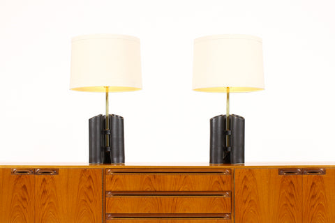 #1580 — Geometric Brutalist Stoneware Table Lamps — Matte Black Glaze — Pair