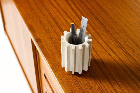 #1785 — Stoneware Ceramic Modernist Cog Tool / Pencil Holder — White Stoneware