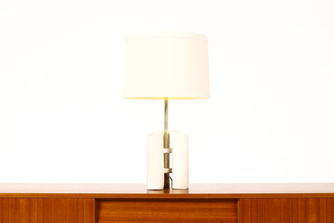 #1652 — Geometric Brutalist Stoneware Table Lamp — White Stoneware —  Brass Detailing