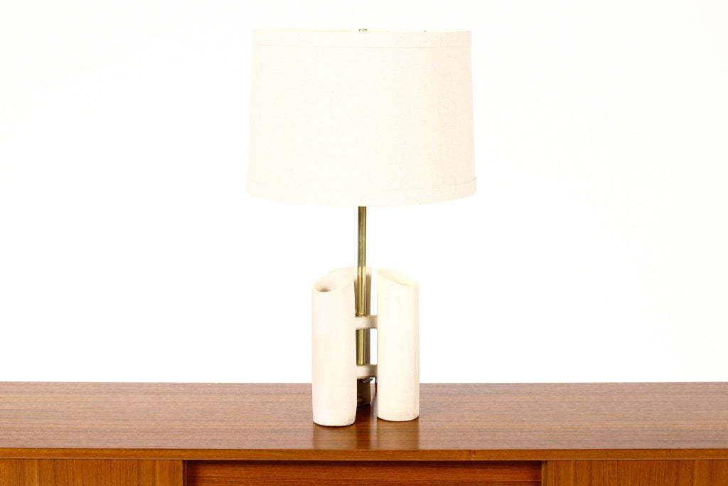 #1652 — Geometric Brutalist Stoneware Table Lamp — White Stoneware —  Brass Detailing