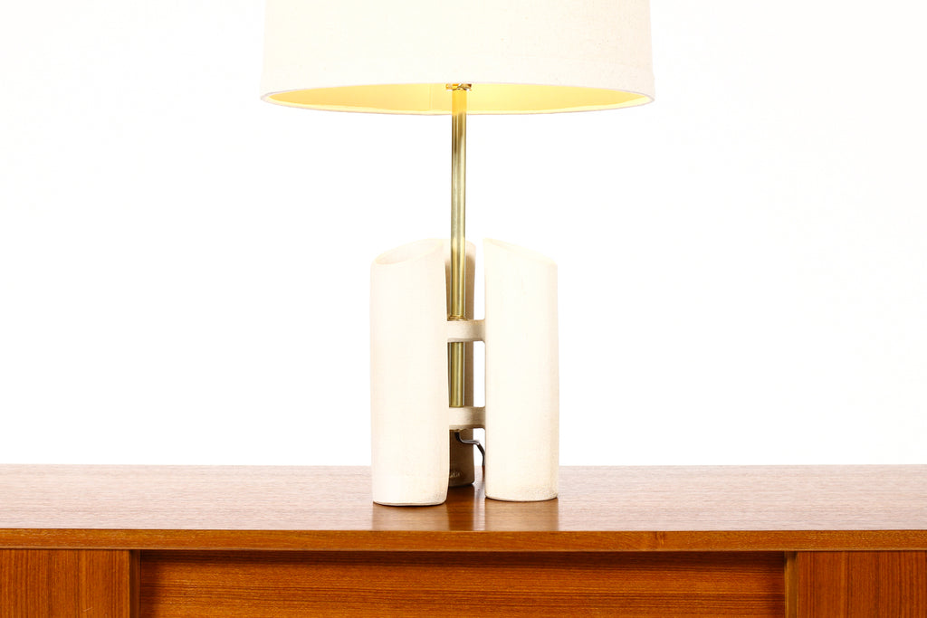 #1652 — Geometric Brutalist Stoneware Table Lamp — White Stoneware —  Brass Detailing