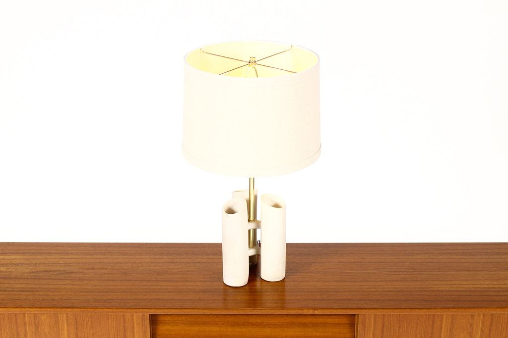 #1652 — Geometric Brutalist Stoneware Table Lamp — White Stoneware —  Brass Detailing