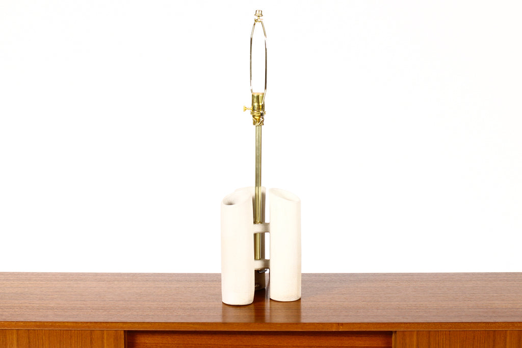#1652 — Geometric Brutalist Stoneware Table Lamp — White Stoneware —  Brass Detailing