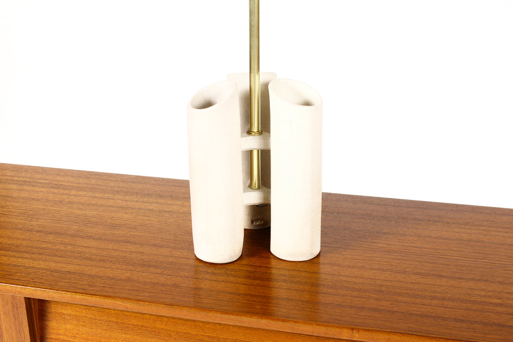 #1652 — Geometric Brutalist Stoneware Table Lamp — White Stoneware —  Brass Detailing