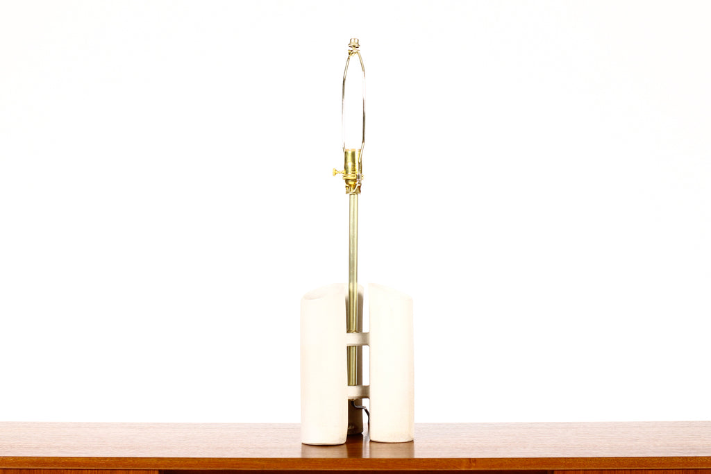 #1652 — Geometric Brutalist Stoneware Table Lamp — White Stoneware —  Brass Detailing