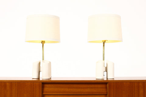 #1653 — Geometric Brutalist Stoneware Table Lamps — White Stoneware —  Brass Detailing — Pair