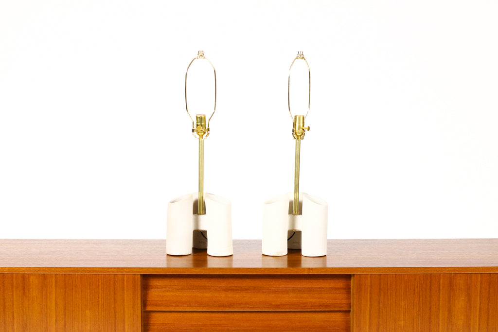 #1653 — Geometric Brutalist Stoneware Table Lamps — White Stoneware —  Brass Detailing — Pair