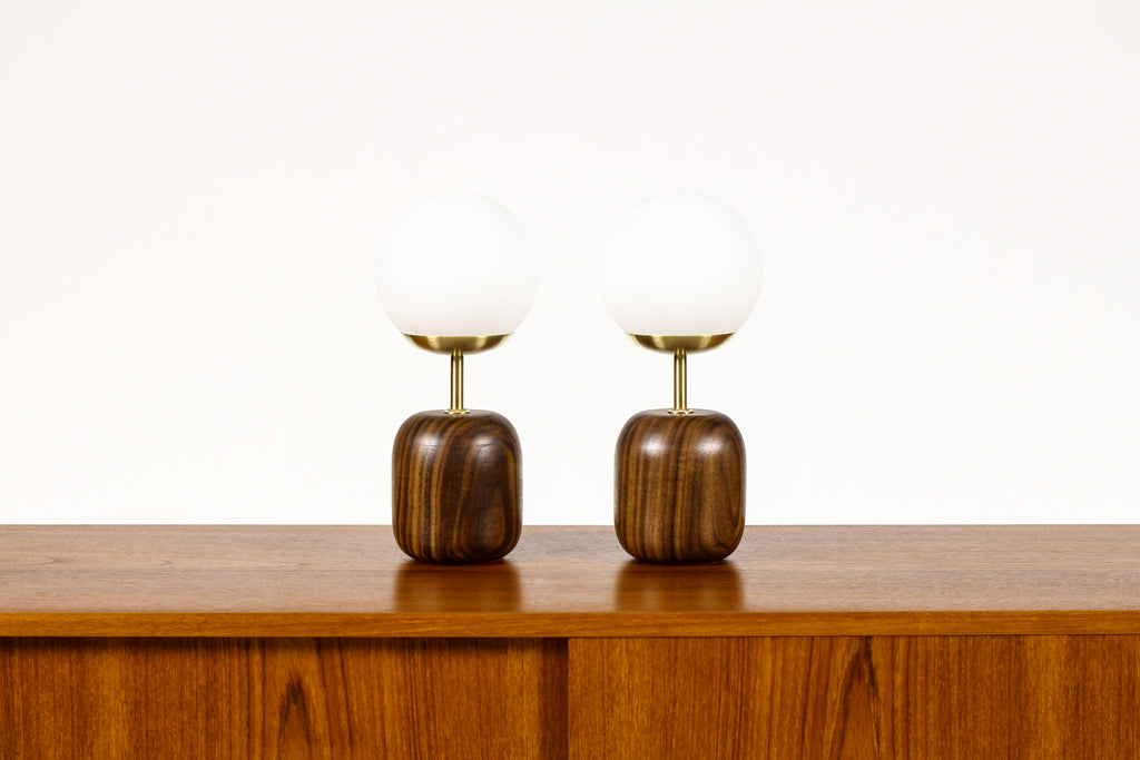 #2041 - Studio Craft Walnut Table Lamps — Lathe Turned with Glass Globe + Brass — Pair — TL9
