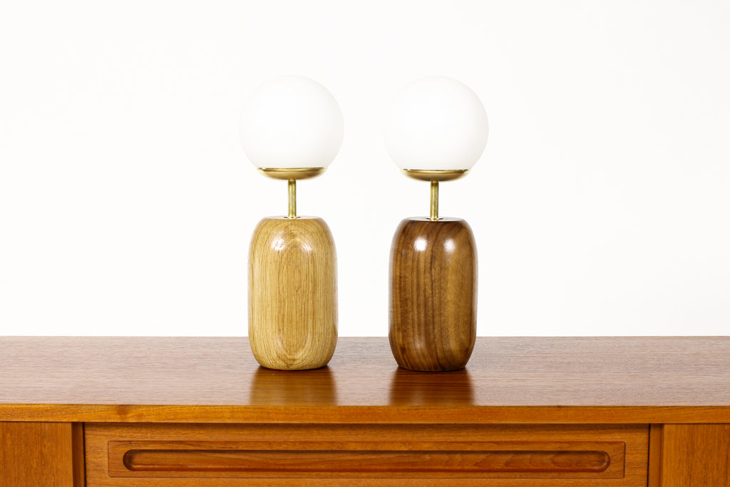 #1796 - Studio Craft Walnut Table Lamp — Lathe Turned with Glass Globe + Brass — TL8