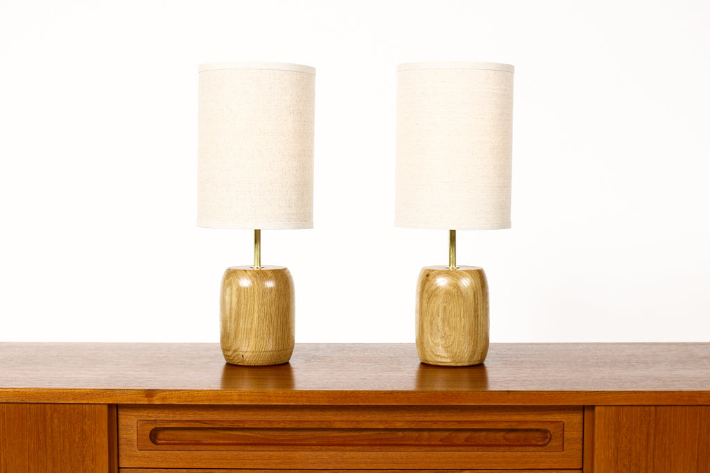 #1794 - Studio Craft White Oak Table Lamps — Lathe Turned with Brass Detailing — Pair — TL6