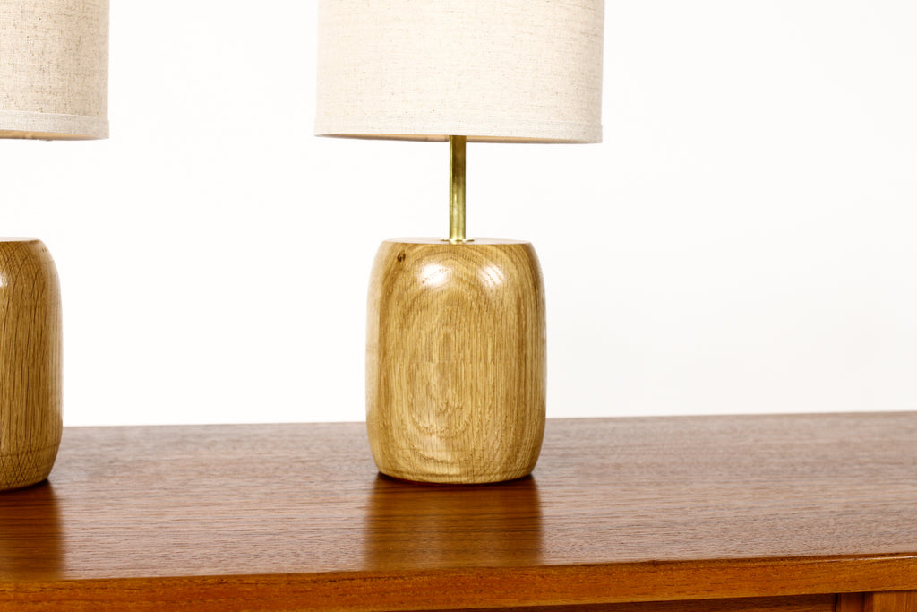 #1794 - Studio Craft White Oak Table Lamps — Lathe Turned with Brass Detailing — Pair — TL6