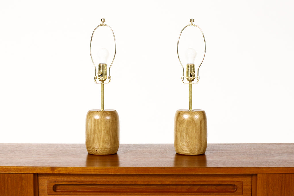 #1794 - Studio Craft White Oak Table Lamps — Lathe Turned with Brass Detailing — Pair — TL6